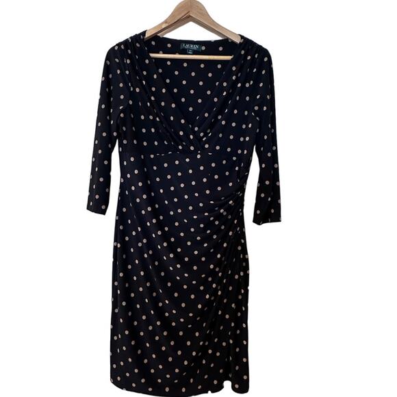 Lauren Ralph Lauren Dresses & Skirts - Lauren Ralph Lauren black tan polka dot gathered dress women's size 14 p Petite